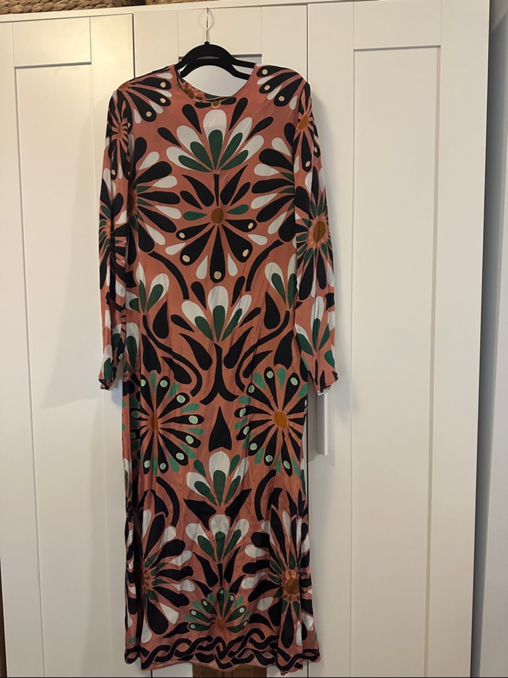 FARM Rio Peachy Rust Maxi Dress with Green & Black Floral Motif